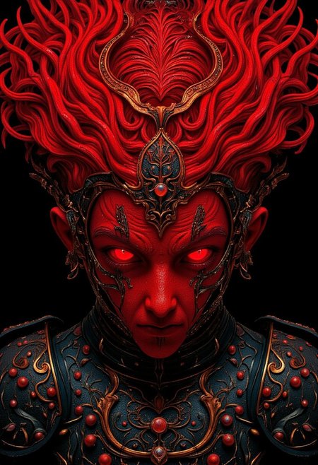 vivid colors, Photorealistic, S1n0z1ck style, extremem Closeup of an organic translucent fungus/reptilian creature, charming but dangerous, flat color twotoned in red and Grey, resembling a mushroom syberian masked intricate designed haitian Warrior in Relief high collar metal armor, cinematic lighting, insane details, hyperrealistic extreme closeup macro photography, 64 megapixel DSLR