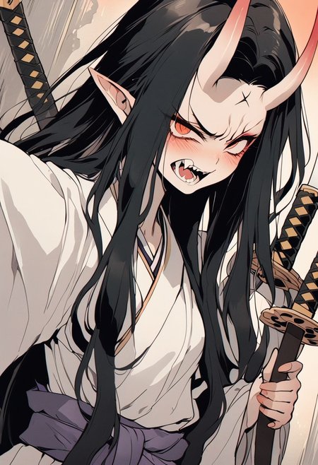 demon girl. katana, holding sword, perspective 
 oni
gradient illustration by victo ngai kimono
   angry,  long hair,  
masterpiece best quality