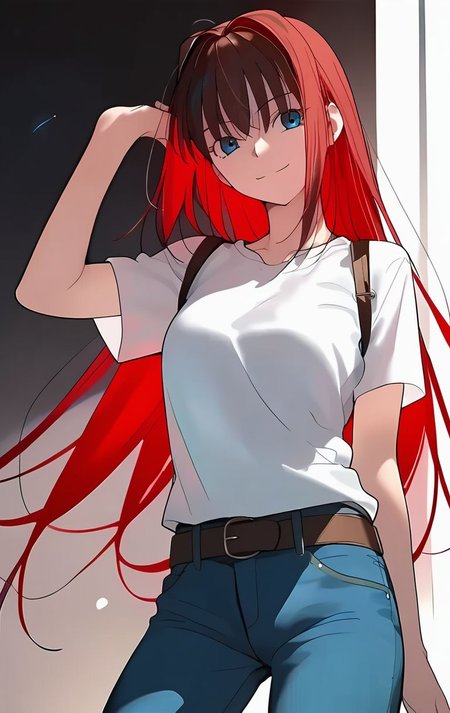 <lora:PONY_character_aozaki_aoko:1>,aozaki_aoko_red,  1girl, jeans, denim, solo, t-shirt, pants, shirt, belt, white_shirt, smile, score_9, score_8_up, score_7_up, score_6_up,1girl