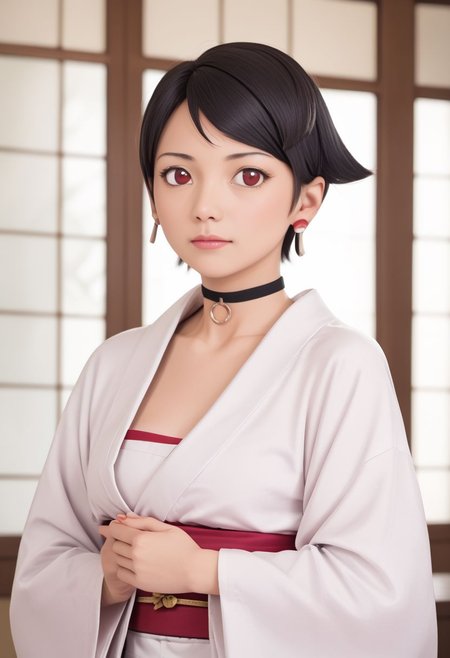 masterpiece,best quality, highly detailed, score_9, score_8_up, score_7_up, score_6_up
BREAK 
sarada, black hair, red eyes, short hair, swept bangs, choker,
BREAK 
white kimono,