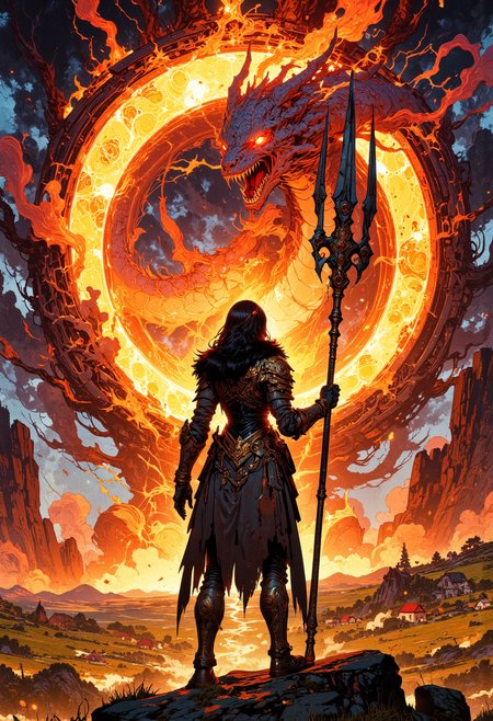 Cowboy shot. Image is a digital fantasy artwork featuring the back of a beautiful female character looking into a flaming portal with a fantastical polearm in her hand ready to defend the kingdom. She has tan skin with long black hair with highlights. She's wearing an battle damaged corset armor with a fur collar and matching long gloves and thigh-highs, both adorned with glowing red patterns. She standing in front of a giant swirling portal made of flames. A giant mythical serpent is emerging from another world into this one.  The background is of a grassy field, small village, farmland, rocky plain, mythp0rt,