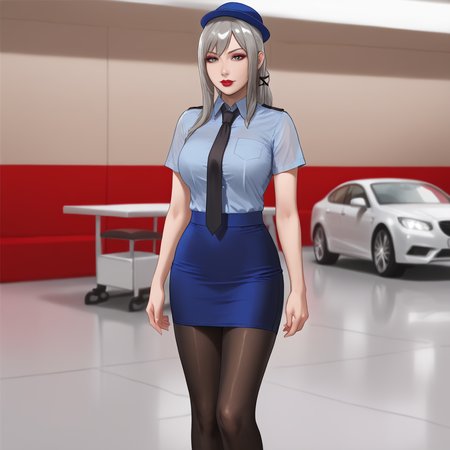 <lora:araneaff15_pony_v1:.8> aranea, 1girl, large breasts, long hair, grey eyes, lace, grey hair,, lipstick,eyeshadow, standing cowboy shot,  <lora:0820 tokisaki kurumi policewoman fan costume_v1_pony:1> ruanyi0820,black necktie,blue hat,blue shirt,blue skirt,black pantyhose,short sleeves,pencil skirt