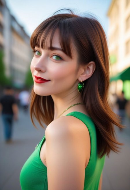 Portrait of Natalia Kyou Park walking through the city: solo, 1girl, age:34, adult, 5'6", 120 lbs, slim, medium chested, Asian, pale skin, white skin, straight brown hair over shoulders, side bangs, green side hair locks, green eyes, epicanthic fold, slanted eyebrows, rosy cheeks, red lips, parted lips, up-turned nose, pendant earrings, nose piercing, green choker, black t-shirt, sad, smiling, ((profile)), looking to the side, outdoors, urban environment, (close-up:1.4), realistic, masterpiece, correct anatomy, sharp focus, field of view