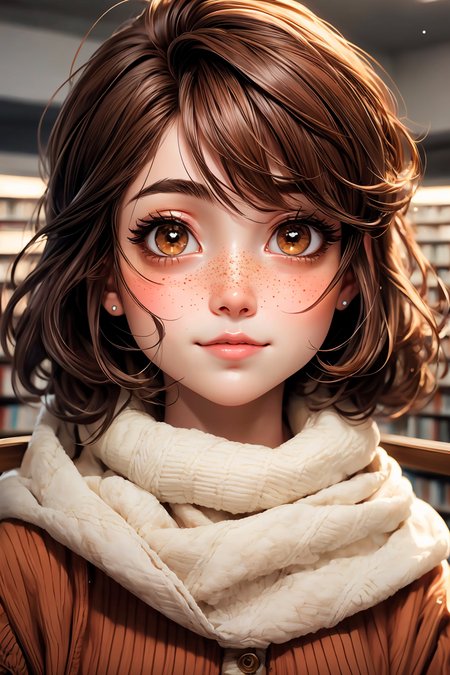 closeup, face, portrait, upper body, 
freckles, 
shy, blush, 
(short brown hair:1.1), 
(library:1.1), 
(brown eyes:1.4), 
cozy, detailed eyes, winter sweater, 
<lora:more_details:0.35>
 <lora:Cosmic anime-oil fusion v2:0.35> 
<lora:AnimeVibesV3:0.5> animevibes, 
<lora:3DMM_V11:0.6> 3DMM 
<lora:midjourney_20230624181825:0.4> midjourney, shiny, shiny hair, shiny skin, shiny clothes