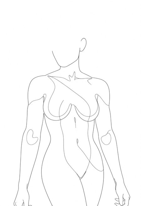 line drawing of a 1girl, cowboy shot, faceless, minimalist, black and white,