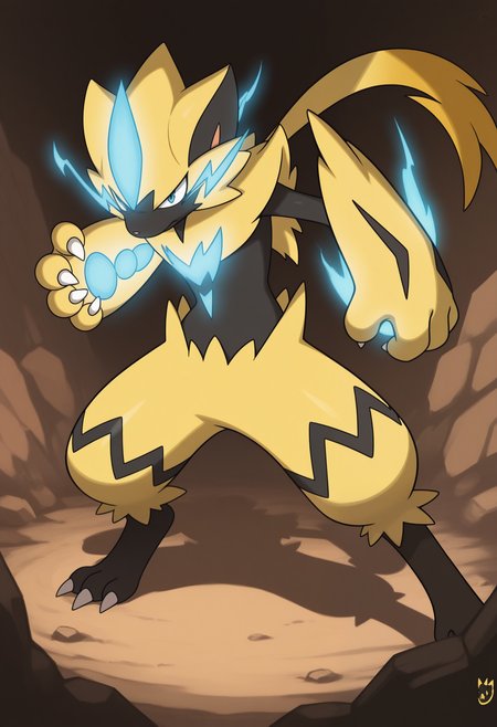 masterpiece,best quality,amazing quality, 1boy, solo, z3r40r4, pokemon (creature), blue eyes, black skin, yellow fur, charged up, glowing,