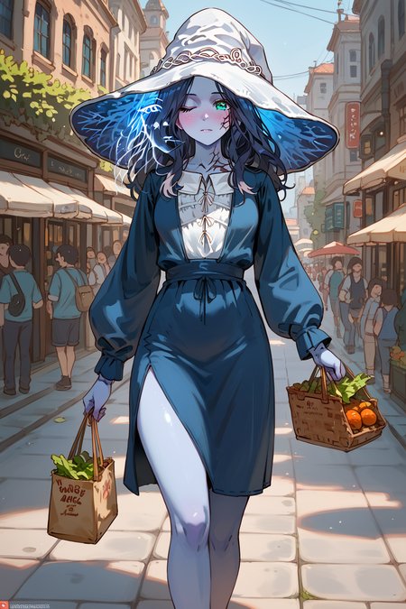 PDXL, source_anime, <lora:RanniV1:1>, r4nn1, ranni the witch \(elden ring\), ((four arms, blue skin)), doll, 1girl, cute face, detailed eyes, 
walking through a street, blue dress, taking groceries home, 
volumetric reflections, volumetric shadows, HDR, shot on Canon DSLR