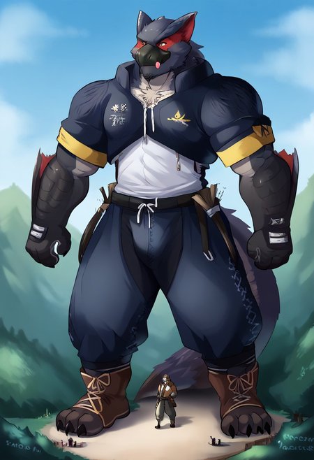 Scribble Nargacuga face,furry(Nargacuga),pummelig, big muscular, big strong large giant muscle,( black eyebrows :1.1),(perfect eyes)，scale, alone, Wears Monster Hunter clothes/armor, friendly and Helpful,（artist:takemoto arashi),（jock:1.3）， standing, Shoes，（ Black beard :1.3），（Monster Hunter clothes:1.4, pants, shoes, shirt) Nargacuga (Massiv:3.0, Giant, macro, (heavyweight,strong,Macro, Emphasize, stands next to buildings,)),background((Monster Hunter village, village, forest, building, House, trees, bushes, logs, stump, rivulet, the crack in the road)),