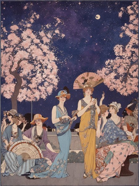 <lora:sdxl_George barbier v1.0:0.8>,george barbier, illustration, flat illustration, multiple girls, night, hand fan, tree, 6+girls, night sky, sky, hat, building, multiple boys, outdoors, masterpiece, best quality,absurdres,highres,ultra detailed,official art,
BREAK