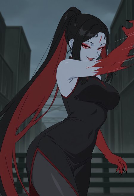 1girl,solo,mm,mature female,long hair,ponytail,red eyes,makeup,breasts,anime coloring,
multicolored hair,colored inner hair,two-tone hair,black hair,red hair,colored skin,forehead mark,black dress,dynamic pose, cowboy shot, outdoors,open mouth, seductive smile, motion lines, 
,masterpiece,best quality,amazing quality,<lora:Sheyao-Capsules_Hero:0.8>