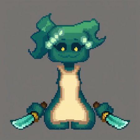 Score_9, score_8, score_7, score_6, source_cartoon, KintGurl, 1girl, solo, female focus, 2D, digital art, flat colors, clean lines, cartoonish, cartoon, Gradient shading, bold outlines, humanoid, square head, armless, disembodied hands, floating hands, Dark teal skinned female, Teal skin, colored skin, Black sclera, yellow eyes, circular eyes, no nose, no eyebrows, Ponytail, neckless, floating head, Tied hair, long hair, wavy hair, dark teal hair, teal hair, bow, bow on hair, light green bow, yellowish white apron, apron,  big hips, very large hips, hyper thighs, wide hips, Thunder thighs, huge thighs, full body, standing, Holding knife, holding weapon, holding, blue diamond knife, smile, smiling, :3, hands down, closed mouth, angled view, gray background, pixel art
