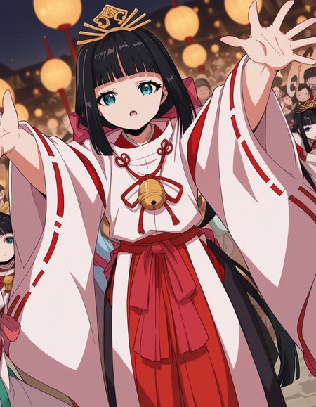 score_9, score_8_up, score_7_up, source_anime, <lora:nigewaka-shizuku-s1-ponyxl-lora-nochekaiser:1>, shizuku, long hair, bangs, blue eyes, black hair, blunt bangs,, japanese clothes, bell, miko, skirt, long sleeves, ribbon, wide sleeves, red ribbon, ribbon trim, hakama, hakama skirt, jingle bell, ribbon-trimmed sleeves, miko, red hakama,, street market, vendor, street food, bustling crowd, local flavor, vibrant, , , on back, arm support, arms up, incoming hug, pov, reaching, reaching towards viewer,, solo,, cowboy shot, dutch angle