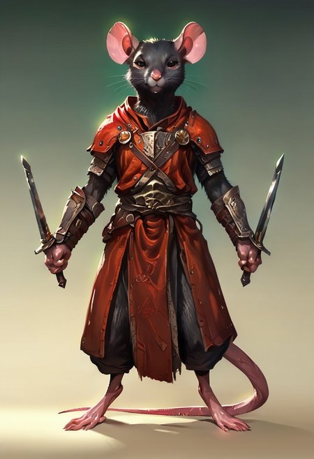 Score_7_up, score_8_up, re_an, 2d, illustration,  detailed, full body, epic, mirrored, from below, 
BREAK,
1girl, mouse, rodent, mammal, armor, robe, arms out, dual wielding, holding swords, dual swords, looking at viewer, half open eyes, 
Gradient background,