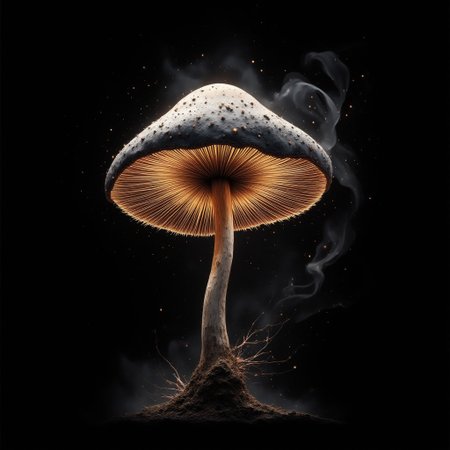 mushroom made out of singular intricately flowing light strands against a black background, swirling particles, abstract graphics, contours of a burning tree hidden in smoke, majestic, concept art, flowing light, glowing dust