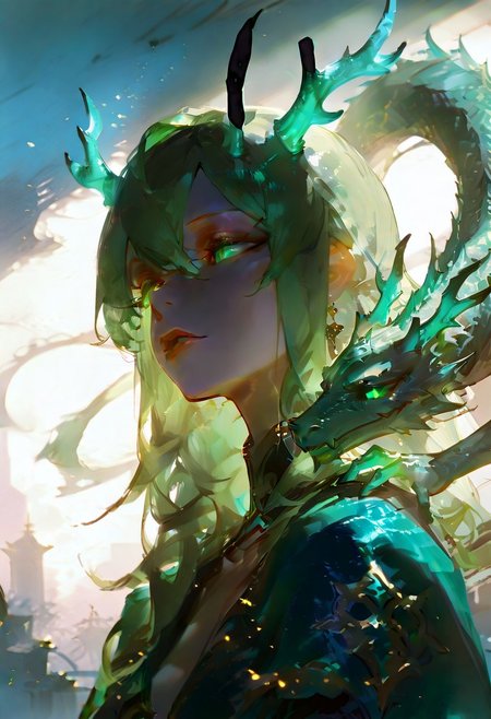 masterpiece, best quality, hyper-realistic, ultra-HD, intricate textures, luminous lighting, cinematic ambiance, shimmering gradients, ethereal glow, deep contrast, soft volumetric fog, subtle particles, radiant reflections, rich color tones, seductive atmosphere, captivating sensuality, Cinematic Lighting,Shadow,backlit, backlighting, 
BREAK
raytracing, volumetric lighting, ambient occlusion, shimmering particles in the air, intricate cinematic background, intimate and seductive, zoomed out shot,
BREAK
1girl, beautiful girl, dragon in human form long hair, green hair, green eyes, jade dragon antlers,  green capelet, jade green royal gown, detail eyes, glowing eye,large dragon with hand resting  on shoulder,tattoo like dragon ,
(Sexy lips), 
very awa, very aesthetic, absurdres, newest, portrait, center frame, apocalype, ruined city,