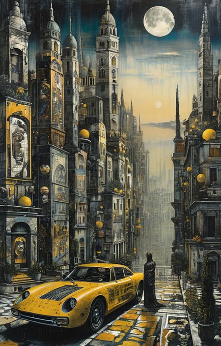 masterpiece,best quality,<lora:tbh150-sdxl:0.9>,style of Piero Fornasetti, cyberpunk city