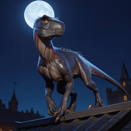 safe_pos, 1boy, highres, absurdres, newest, masterpiece, best quality, furry, raptor, scales, tail, claws, indoraptor, dinosaur, black body, claws, raptor leg, long arms, yellow eyes, standing, seductive look, detailed eyes, bright room, day scene, professional lighting,  solo,  seductive, looking_at_viewer,  masterpiece, close up, explicit, on the roof of the castle, night, moon, feral