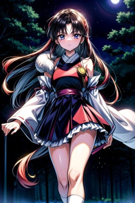 masterpiece,  best quality 1girl Setsun4 solo long hair,  (night time) forest background black hair very long hair purple eyes multicolored hair armor (fur trim) (medium body),<lora:EMS-179-EMS:0.800000>,<lora:EMS-293862-EMS:0.800000>ascot, bare shoulders, black footwear, detached sleeves, embellished costume, frills, japanese clothes, nontraditional miko, red skirt, sandals, sarashi, skirt, socks, white sleeves, white socks, wide sleeves, yellow ascot, zouri, armor, miko