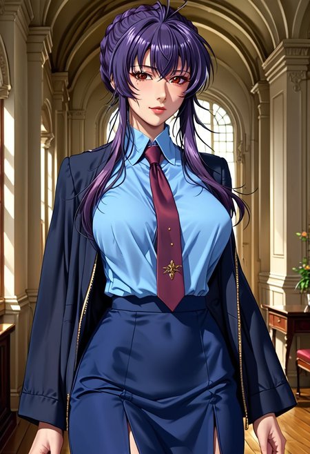 score_9, score_8_up, score_7_up, source_anime, highly detailed,  
1 girl, 30 years old, beautiful woman, 
sakurai sawa, purple hair, mature female, long sidelocks, braided bun, red eyes, large breasts,
blue shirt, black jacket, black skirt, necktie, stockings.
class room, standing,
textured skin, beautiful, from front,