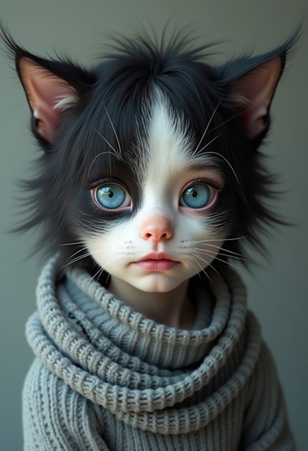 A surreal digital art portrait showcasing a subject with facial features that seamlessly merge human and feline characteristics. The subject has striking blue human eyes and delicate human facial features, while the skin texture displays a black and white fur pattern reminiscent of a cat's coat. A gray knit scarf wraps around the subject's neck. The portrait is framed as a close-up shot against a neutral-colored background, with soft, diffused lighting highlighting the hybrid elements of the face. The digital manipulation creates smooth transitions between human skin and feline fur textures across the facial features. High-resolution portrait photography with soft, diffused lighting and shallow depth of field against a neutral backdrop.