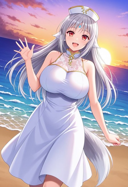 general,highres, ultra-detailed,very aesthetic,best quality ,best hands,best eyes,easynegative,
dynamic anglre, dutch angle, anime cloring,
1girl solo,looking at viewer,outdoors,walking, waving hand, smile,open mouth, sea,beach, 
Nanashi,grey hair, long_hair, red eyes, huge_breasts,wolf tail,hat,white bare shoulders dress,