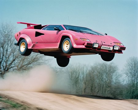 analog film photo car rally magazine photograph of a pink lamborghini countach (((rally car))) jumping, big air time, rally jump, action motion blur dust LP5000 <lora:add-detail-xl:2> <lora:LP5000-SDXL-V1.2:1>, (big offroad lights at the roof:1.2), hella flood lights, searchlights on roof, . faded film, desaturated, 35mm photo, grainy, vignette, vintage, Kodachrome, Lomography, stained, highly detailed, found footage