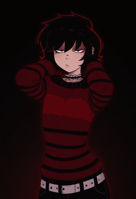 score_7, score_8, score_9, dynamic lighting, detailed background, living room
BREAK 
Solo, mike owm, mikey, 1boy, short hair, flat chest,long torso, very long legs, curvy legs, big hips, hourglass figure, toned body, fit body, toned ass
BREAK
<lora:emo-fashion-ponyxl-lora-nochekaiser:1>, emo fashion, torn sweater, two-tone sweater, sweater under shirt, striped sweater, lace-trimmed choker, belt chain, red sweater, black sweater, goth fashion, hands behind neck, half closed eyes, plain background, glowing red round on background, upper body
