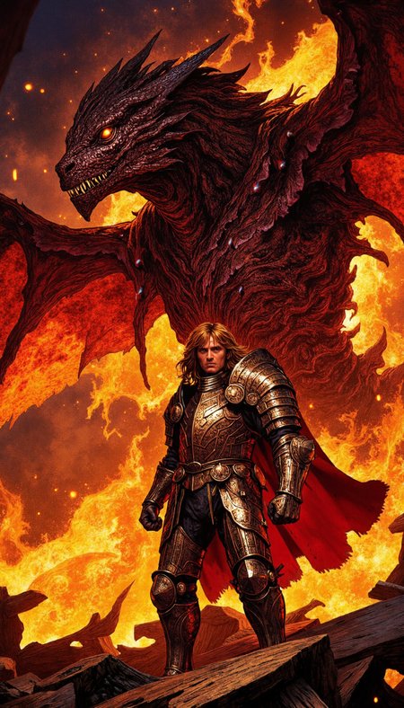 Comic book style, A paladin, clad in burnished plate armor, stands defiantly against a colossal, incandescent dragon.  Dynamic three-quarter shot, medium shot.  Emphasize the juxtaposition of the knight's resolute posture against the dragon's overwhelming immensity. Focus on the interplay of firelight and shadow on the armor and the dragon's scales. Granular detail in the texture of the scorched earth, scattered with skeletal remnants.  Dramatic, volumetric lighting. Background:  apocalyptic battlefield strewn with bones. The dragon's wings, partially obscured by flames, should be fully visible, extending towards the frame's periphery.  The knightâs face, obscured by flowing auburn hair, should reveal an expression of courageous defiance. Increase contrast between light and dark areas to enhance the dramatic effect.