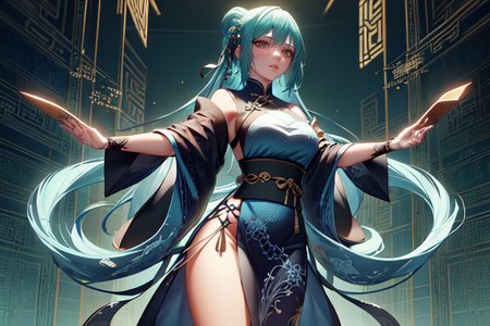highly insanely detailed, masterpiece, top quality, best quality, highres, 4k, 8k, RAW photo, (very aesthetic, beautiful and aesthetic),  
(code_style,codestyle),traditional chinese text,english text,japanese text,(sympattern,geometric pattern), 
<lora:CodeStyle (half generic class)_564920:0.7>, 
(1girl:1.3), 1other, 
turquoise background,âââ