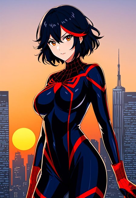 (masterpiece, best quality, best shadows), 1girl, solo, Matoi Ryuuko, short hair, (spider-man:1.2) suit, large breasts, skyscrapers background, evening, orange sun, cowboy shot
