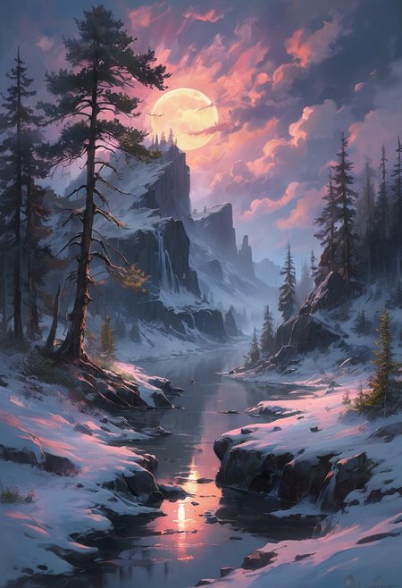 Under the eerie glow of a full moon,a dark and ominous landscape unfolds. A vibrant, colorful pine stands by the edge of a serene lake,its vivid hues contrasting starkly with the foreboding atmosphere. In the background,a waterfall cascades down jagged rocks,the water glistening in the moonlight. Thick,swirling clouds loom overhead,adding to the sense of an evil presence. winter landscape, aurora borealis, northern lights, The moonlight filters through the clouds,casting an otherworldly glow over the scene. The air is thick with mysticism,as if the very night holds ancient secrets and dark magic.  [romantic impressionism,dream scenery art,beautiful oil matte painting,romantic,style of thomas kinkade,beautiful digital painting,anime landscape,romantic painting,dreamlike digital painting,colorful painting,beautiful gorgeous digital art,style of greg rutkowski,janek sedlar,jenny saville:0]