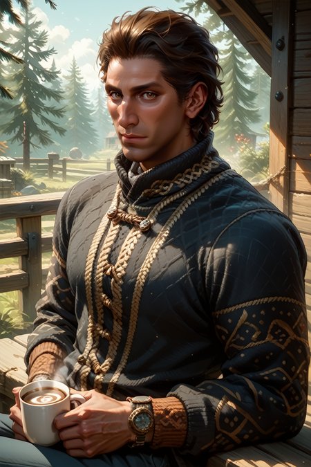 score_9, score_8_up, score_7_up, score_6_up
<lora:BGRaphael:0.9>
BGRaphael, 1boy, brown hair, brown eyes, looking at viewer, at a rustic cabin in the woods, wearing a cozy sweater, sitting on the porch with a steaming mug of coffee, misty morning, pine trees surrounding, serene atmosphere