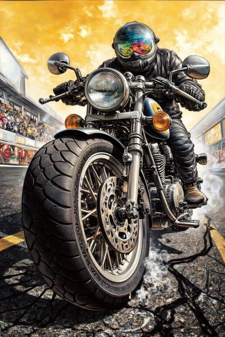 juangimenez1 illustration. 
silmas.
Extreme low-angle close-up of a motorcycle's rear wheel mid-drift, molten rubber searing fractal-black scars into sun-baked asphalt, smoke coiling like liquid obsidian. The rider's mirrored visor dominates the foreground, reflecting a distorted fisheye lens perspective--camera glare fractures into neon starbursts. Asphalt gravel suspended mid-air, visor's reflection revealing a distant, blurred crowd roaring under a toxic-yellow sky.
   <lora:juangimenez1_cap_d8a4e12:1.0><lora:857675937448253860:0>