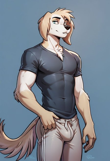 score_9, score_8_up, score_8, 1boy, Sebastian, anthro dog, smooth, highly detailed, perfect, tight T-shirt, grey sweatpants,