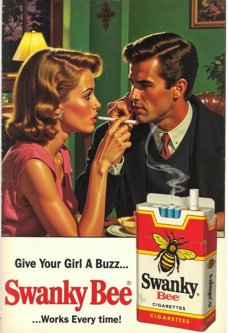 vintage ad, Magazine ad, cigarette company called Swanky Bee Cigarettes, The ad features 1970's couple enjoying dinner.  The ad features a close up view of the pack. The pack shows a bee puffing a cigarette. The slogan for the company is at the bottom and reads "Give Your Girl A Buzz…Works Every time!”Photorealistic, photograph, A vintage ad in a magazine to bring the allure and luxury of cigarette smoking to a larger audience. The background is the inside of a 1970's house with trendy olive green decor and shag carpeting. vintage comic book cover, holding cigarette ,aidmatextimprover