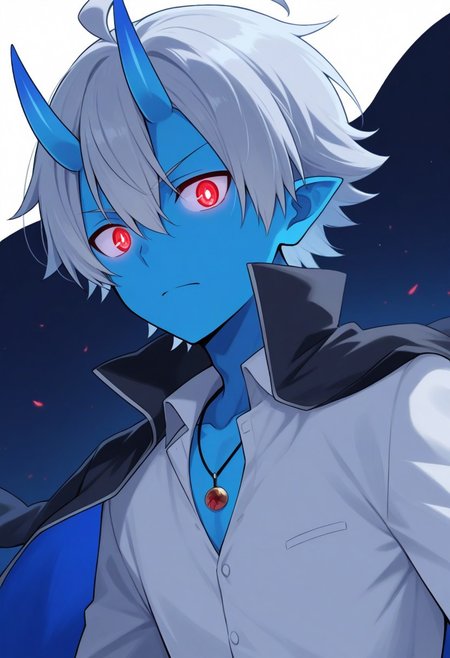 score_9, score_8_up, score_7_up, source_anime, highly detailed, 
Hikigaya Hachiman,
hachi, 1boy,  colored skin, deep blue skin, school uniform, male focus, ahoge, straight horns, icyy-white hair, Oni horns, glowing eyes, white shirt, jewelry, necklace, jacket on shoulders, popped collar,
BREAK