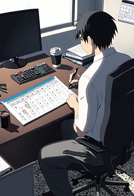 Highres, Masterpiece, High Quality, 4K, 8K, solo, 1Boy, Takaki Toono, adult, black hair, short hair, worker, working, office space, office desk, white wall, carpet floor, office chair, sitting, concentration, focus, think, fidget, pen, notepad, laptop, coffee, water bottle, document, calendar, calculator, wall clock, easynegative, detailed_eye_model