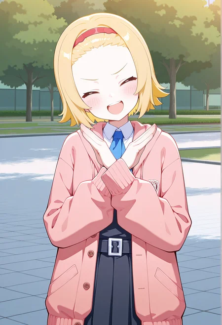 1girl, blonde hair, short hair, XD, closed eyes, forehead, hairband, school uniform, vest, ascot, belt, pleated skirt, pink hoodie, open hoodie, cowboy shot, outdoors, park, (x arms:1.4), laughing, head tilt <lora:ellens_friends:1>, masterpiece, best quality, amazing quality, very aesthetic, absurdres, highres, newest