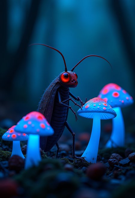 Imagine a whimsical scene enlivened by the enchanting presence of a mischievous cockroach bard, illuminated by the magical glow of blue bioluminescent mushrooms and vividly contrasted against the vibrant red spots of his enchanting surroundings. In this dark whimsical art world, the dim lighting adds an eerie mystique, accentuating the playful shadows cast by the mushrooms luminescence and creating a dreamlike atmosphere reminiscent of a fairy tale unfolding under an ethereal midnight sky. The color palette dances between deep blues that shimmer with otherworldly grace and fiery reds that spark intrigue and invite wonder. As you take in the scene before you, every detail comes alive with a sense of whimsy, enchanting the viewer into believing in worlds beyond their wildest dreams.
