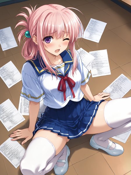 score_9, score_8_up, score_7_up, source_anime, BREAK
school classroom, sitting on ground, spread legs, papers scattered across floor, shy, embarrassed, blush, one eye closed, wince, looking at viewer, (wariza:1.1), BREAK
1girl, solo, <lora:NojimaHotori_Pony_v1:0.8>, nmnjhtr, folded ponytail, teal hair ornament, purple eyes, pink hair, school uniform, serafuku, pleated skirt, blue skirt, (white thighhighs:1.2), (uwabaki:1), shoe straps, zettai ryouiki, red ribbon, (open mouth:1.3),