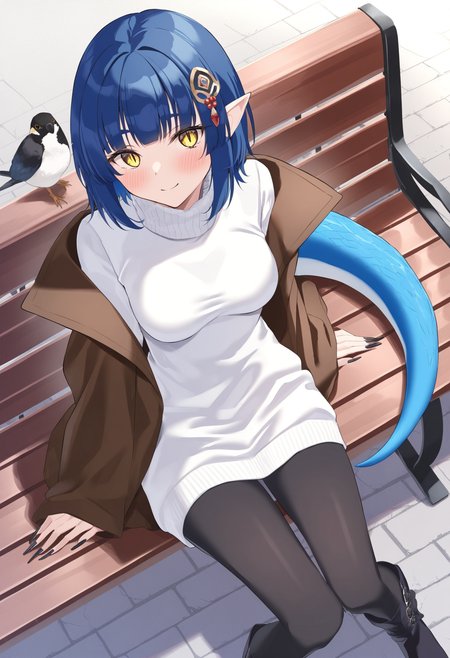 1girl, pointed ears, yellow eyes, slit pupils, blue hair, blind bangs, short hair, hime cut, lizard tail, blue tail, medium breasts, skinny, long nails,
pantyhose, brown coat, bird, white sweater dress, hair ornament, turtleneck sweater, boots, smile, blush, sitting on bench, street, from above, 
 <lora:satoumogumoguNai-style:1>, sg29satoumogustyle, masterpiece,best quality,amazing quality,