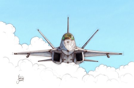 Sharp image of a rough sketch, rendered in vibrant multi colour ballpoint pen, capturing the adorable features of a fighter jet flying in the sky. The jet is grey in color and has a sleek, aerodynamic design. It has a pointed nose and a pointed tail fin. The cockpit is visible, with a large, circular window in the center. The nose of the jet is pointed upwards, and there are two engines on either side of the nose. The wings are swept back, and the tail fin is pointed downwards. The background is a clear blue sky with white clouds. The image appears to be taken from a low angle, looking up at the jet.  p3nsk, <lora:p3nsk:1>