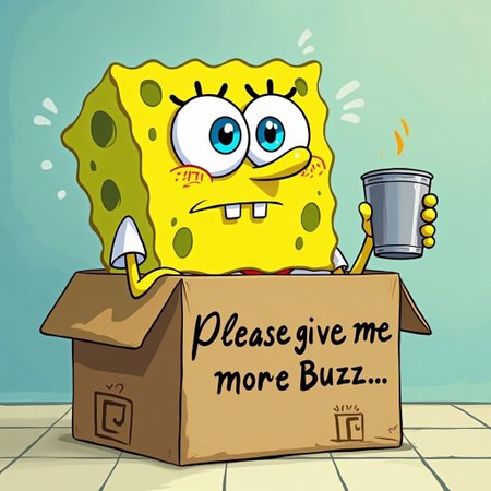 The image shows SpongeBob, inside a cardboard box, holding a tin cup, text"Please give me more Buzz..." on the cardboard box, gesturing for aid, he is distress and sadness, SpongeBob cartoon style
