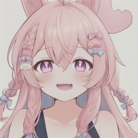 the photo of a 1girl, ahoge, animal_ears, bare_shoulders, blue_bow, bow, braid, collarbone, hair_bow, hair_ornament, hairclip, long_hair, open_mouth, pink_eyes, pink_hair, rabbit_ears, simple_background, smile, solo, twin_braids, upper_body, virtual_youtuber, white_background, pipkin pippa