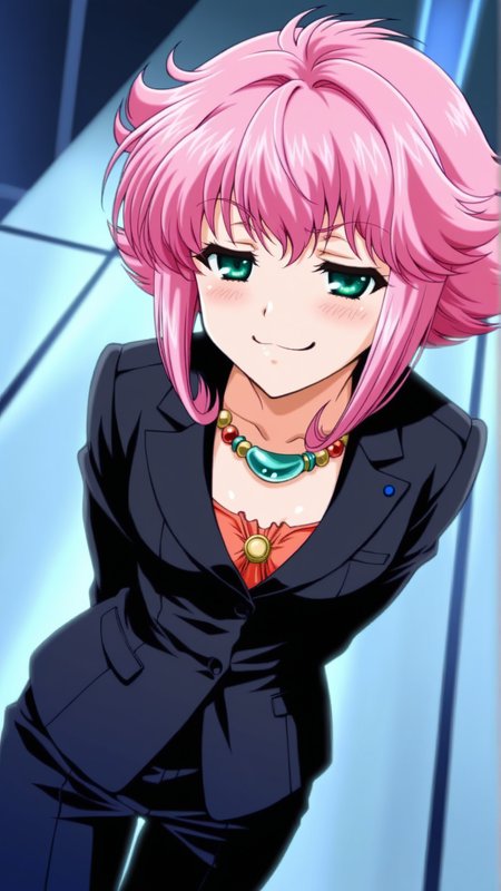 source_anime, genral, best quality, masterpiece, 1girl,  <lora:Mer_Bitter_ill_v1.0:1> mer_bitter\(srw\),green eyes, pink hair,flipped hair,short hair, necklace, jewelry, business suit, smug, (embarrassed:0.8),   dynamic pose, dutch angle, cowboy shot,