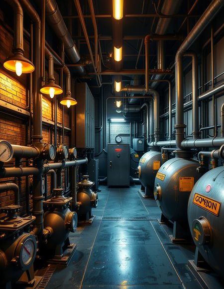 A highly detailed and realistic photograph of an industrial boiler room filled with large metal boilers, complex pipe systems, and pressure gauges. The room is dimly lit with a mix of warm yellow lighting from overhead industrial lamps and cool blue reflections from metallic surfaces. The air is slightly hazy with steam escaping from some of the pipes. The floor is made of reinforced concrete with visible stains from oil and water. Various control panels with blinking LED indicators and warning signs are mounted on the walls. The atmosphere is rugged and mechanical, evoking a sense of power and industrial efficiency. The depth of field is sharp, capturing intricate details such as rust on old pipes, the texture of the metal surfaces, and the labels on the control panels. The composition emphasizes symmetry, with pipes and machinery creating a structured, almost futuristic aesthetic. 
<lora:SDXLFaeTastic2400:0.4> <lora:extremely_detailed:0.4> extremely detailed,<lora:industrial_boiler_room:1>,industrial b01l3r r00m, Masterpiece,best quality,hi res,8k,hi res,8k,award winning,(sharp focus, intricate, highly detailed),