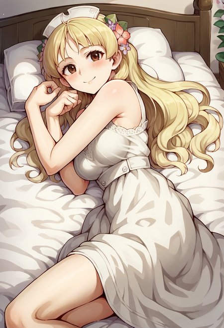 score_9, score_7_up, hd, (ultra hd quality details), source_anime, indoors,
solo, 1girl, aaayesha, blonde hair, long hair, brown eyes, hair flower, medium breasts,
ayeshadef, white dress, bare shoulders, sleeveless,
looking at viewer, blush, smile,
on bed, on side, 
<lora:_ayesha_altugle-elesico-pony-000011:1>