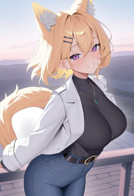 ayalezon, masterpiece, solo, source_anime, 1girl, outdoors, looking at viewer, purple eyes, animal ears, animal ear fluff, blonde hair, hair ornament, hairclip, large breasts, tail, jacket, white jacket, long sleeves, open clothes, open jacket, shirt, black shirt, jewelry, belt, dynamic pose, smile