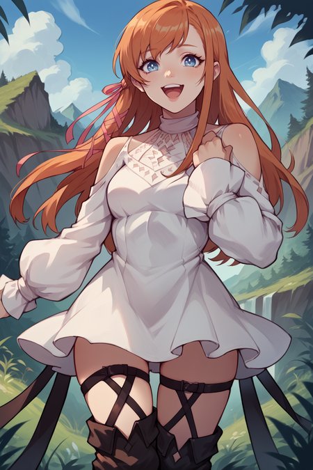 score_9, score_8_up, score_7_up, score_6_up, source_anime, BREAK 1girl  <lora:ryne-pdxl-nvwls-v1:1> ryne, orange hair, blue eyes, hair ribbon, white dress, thigh strap, thigh boots, looking at you, happy, open mouth, forest, blue sky, landscape