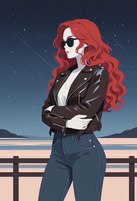 minimalistic, flat color, no lineart, 1girl, front view, crossing arms, leather jacket, long wavy hair, red hair, sunglasses, pale skin, night, jeans, white shirt, starry sky, night
